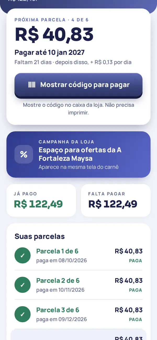Simulação ilustrativa de oferta na tela do carnê