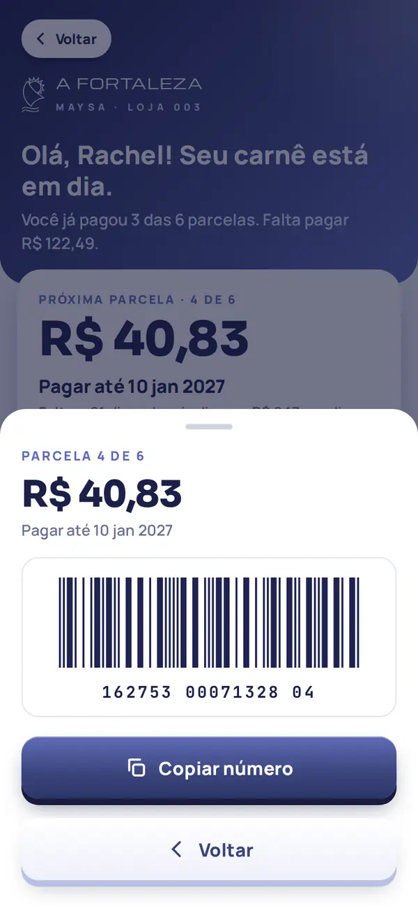 Tela com o código de barras para pagar