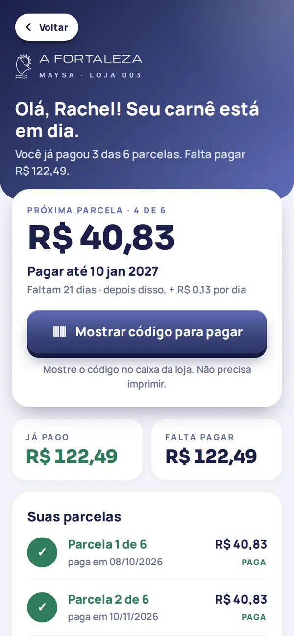 Tela do carnê digital no celular, com a próxima parcela e o botão para mostrar o código